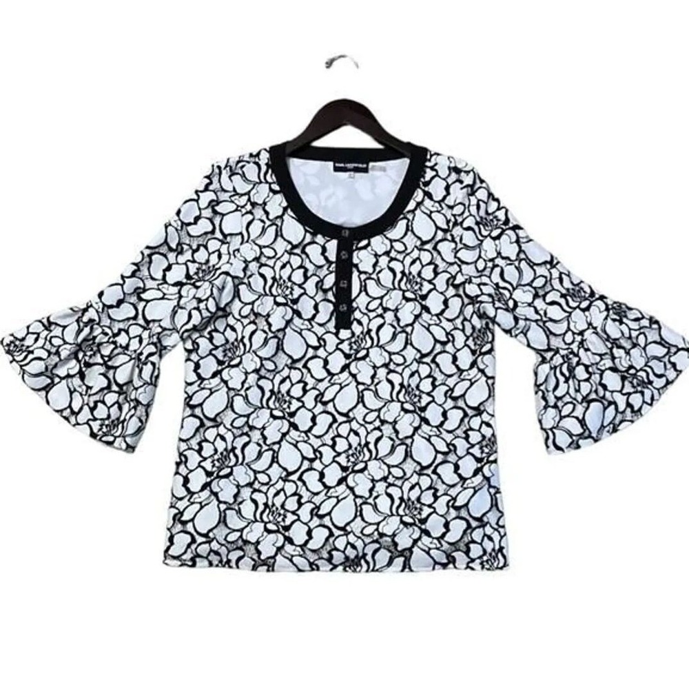 Karl Lagerfeld Paris Floral Blouse Bell Sleeve Button Detail Top‎
